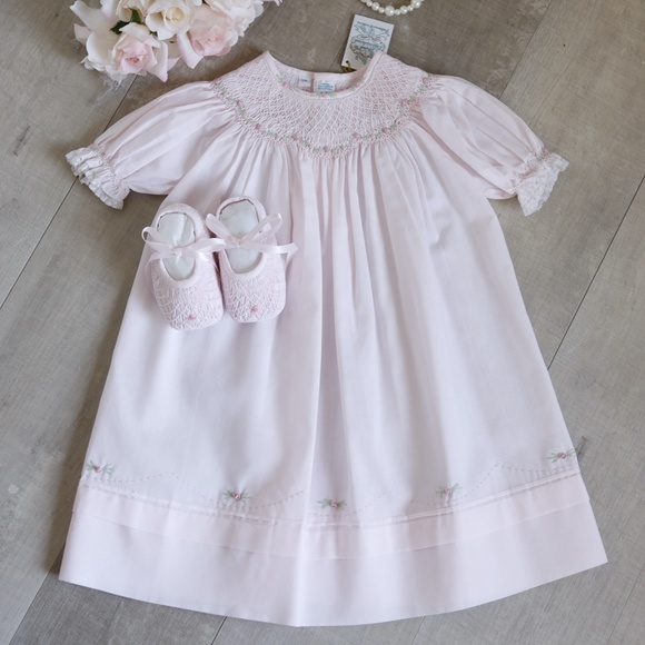 strapless open back dress Smocked Bishop Dress Toddler to baby Dresses Blue Heirloom Pink ecru